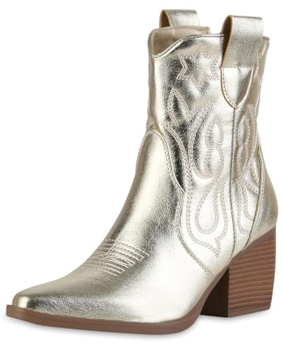 VAN HILL Damen Cowboy Boots Trichterabsatz Stickereien Trendy Schuhe 216038 Gold 38