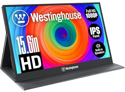 Westinghouse 15.6 Inch Portable Monitor for Laptop & Travel, 1080p, 60Hz, IPS Display, Full HD Screen with Magnetic Protective Cover, Built in Speakers, 1x Mini HDMI, 1x USB Type-C
