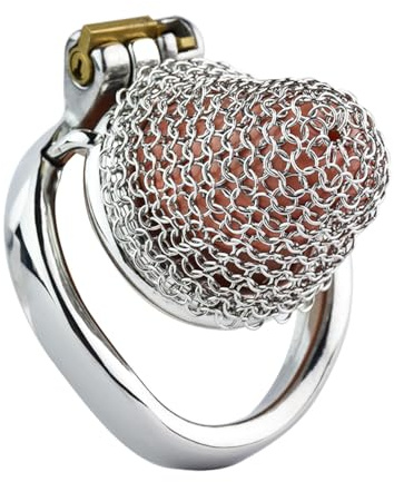 Peniskäfig mit Netztasche und hohlem Anti-Flucht-Ring aus rostfreiem Stahlgeflecht, Keuschheitskäfigschloss, Keuschheitsvorrichtung, Peniskäfig, Jungfräulichkeitsschloss(Curved Ring 45mm)