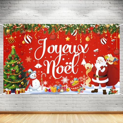 Bannière Joyeux Noël 180 x 110cm - Grande Décoration Suspendue Rouge Avec Père Noël, Cloche, Bonhomme de Neige, Arbre, Étoile, Cadeau - Pour Mur, Maison, Extérieur, Fête, Nouvel An