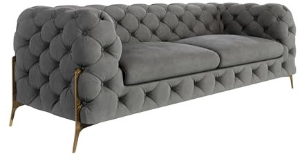 S-Style Möbel Sofa Couch 3 Sitzer 225 x 100 x 75 cm Samtstoff Metallbeine Gold Elegant Gesteppt Freistehend Milton Grau