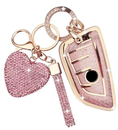 ZVRSUA Coque de Clé de Voiture pour BMW clés de Voiture avec Porte-Clés Diamant Cœur,Étui de Clé Voiture Compatible avec BMW 2 Serie 3 5 6 7 Serie M5 X1 X2 X3 X5 X5M X6 X6M (Rose)