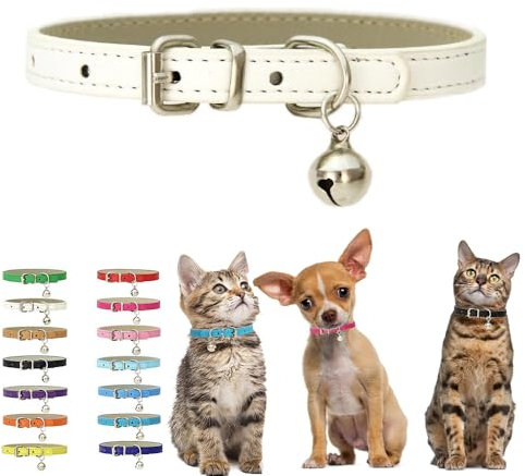 White Small Collar with Bell, Soft Pu Leather Kitten Dog Collars Adjustable Buckle for XXS XS Extra Small Medium Tiny Female Male Boys Girls Pets Puppy Cats Teacup Yorkie X-Small