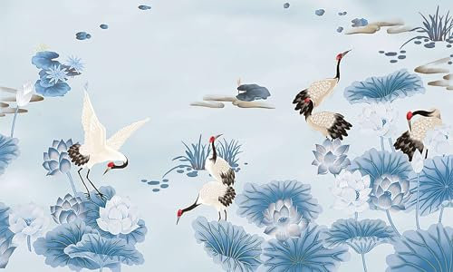 Papier Peint Panoramique Grue Lotus Bleu Papier Peint Chambre Adulte Papier Peint Panoramique Enfant Papier Peint Salon Décoratif Papier Peint Intissé 274x254cm
