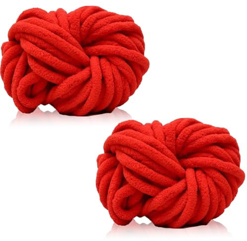 Duscdesp 500g(2 x 250g) Dicke Wolle Garn, Chenille Chunky Wolle Weiche Armstricken Wolle zum Stricken und Häkeln XXL Chenille Wolle Yarn für Decken, Kissen, Schals, Mützen (Rot)