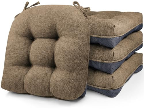Juego de 4 cojines para silla de comedor de espuma viscoelástica con lazos y respaldo antideslizante, cojines capitoné para silla de comedor, 40 x 40 x 10 cm, color marrón