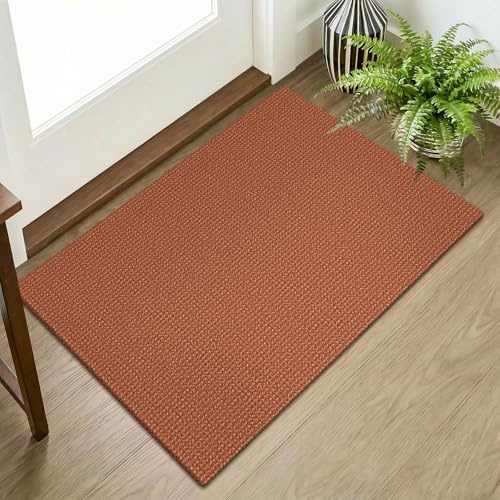 KOZYFLY Indoor Door Mat 2x3 ft Small Area Rugs Washable Front Door Mat Non Slip Rubber Backed Entryway Rug Cotton Entrance Doormat for Front Porch Kitchen Bedroom, Burnt Orange/Tan