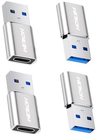 HOWJIM Adattatore da USB a USB C 4 Pezzi,Ricarica Rapida PD27W/66W QC100W Trasferimento Dati 5Gbps,Guscio in Lega di Alluminio per M-acBook Phone 17/16/15 Pad Watch G-alaxy P-ixel X-peria Argento