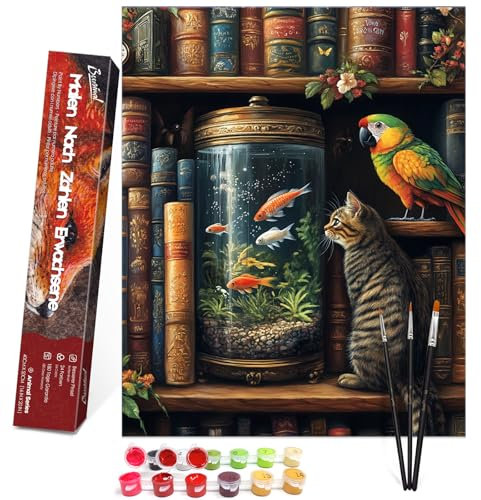 Bougimal Peinture par Numéros Animaux adultes avec pinceaux et peinture acrylique - 40 x 50 cm, Sans Cadre, Chat et perroquet