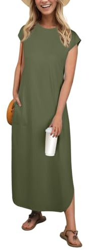PrinStory Women's Maxi Dress With Pockets Cap Sleeves Summer Dresses For Ladies Casual Lightweight Sundress Beach Party Office Wear (Army Green,M)
