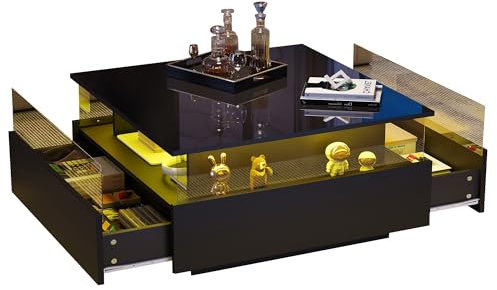 Modern Coffee Table with RGB Smart LED Lighting, APP Bluetooth Control, Spacious Storage, Two Sliding Drawers, Acrylic Glass Panels, High-Gloss Particle Board,Contemporary Living Room (Black)