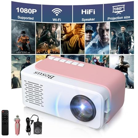AudonMax Mini Projecteur WiFi HD 1080p Portable avec Trépied, Cadeau pour Enfants, Cinéma Maison, Compatible avec USB, AV, Smartphone/Tablette, Rose