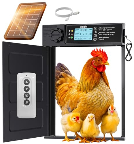 Okkobi Porta Automatica Pollaio Solare - Porta Pollaio con telecomando, Sensore di luce e Timer - Sicurezza e tranquillità: Funzione Antipizzicamento - PRO Version - Display LCD - Protezione di 5 anni