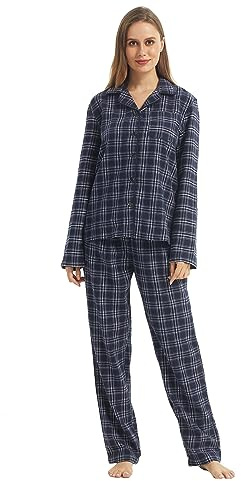 YUSHOW Pyjama long pour femme - Deux pièces - Coton - Hiver - Flanelle - Haut long - Pantalon de pyjama à carreaux - Coton - Combinaison d'intérieur douillette - Ensemble de salon de Noël, Bleu marine