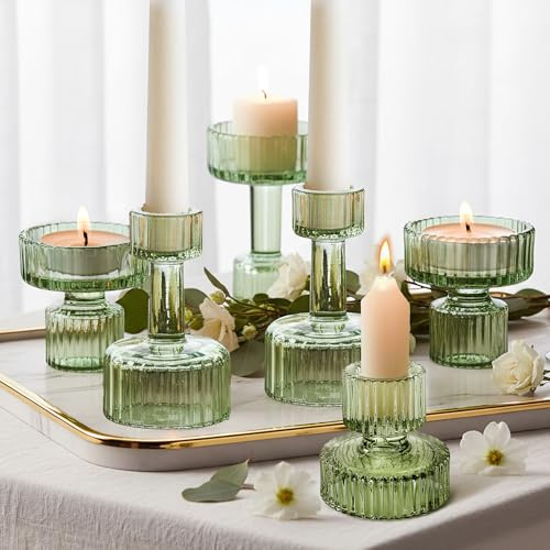 Joeyan Bougeoirs à Réchauds en Verre Vert,Lot de 6 Miniatures Chandelier | Photophore Striées,Bougie Chauffe Plat pour Centres de Table,Mariage,Anniversaire,Fête,Noël Décoration Intérieure,Idée Cadeau