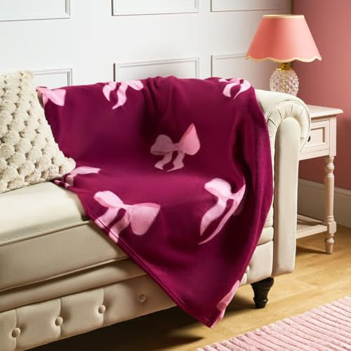 OHS Christmas Blanket Bow Print, Bow Gifts for Women Throws for Sofas Bed Settee Xmas Decorations Fleece Blanket Soft Warm Cosy Christmas Throw Fluffy Single Bed Throw, Burgundy - 120 x 150cm