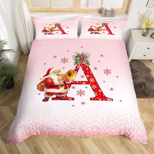 Homemissing Kinder Rosa Weihnachten Thema Bettwäsche Set 135x200cm Alphabet Personalisierte Initialen Buchstabe A Bettbezug Jungen Mädchen Weihnachten Schneeflocken Weihnachtsmann Bettwäsche-Set