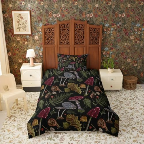 feelingyou Wild Pilz Bettwäsche Set Herbst Blätter Pflanze Bettdecke Set S Größe Stickerei Schnecke Mikrofaser Bett Set für Kinder Jungen Mädchen Teenager 2pcs, Reißverschluss