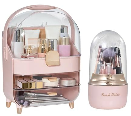 BTGGG Multi-Function Cosmetic Organizer, Dustproof Waterproof Makeup Storage Box with Drawer & Small Storage Box, Stylish Durable Lipstick Skincare for Bedroom Bathroom Vanity Girls Gift (Pink)