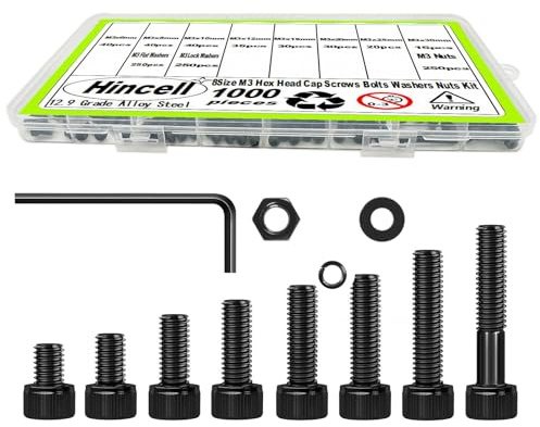 1000Pcs M3 Screws,M3x6/8/10/12/16/20/25/30 mm Screw kit,Hex Socket Head Cap Bolts,12.9 Grade Black Zinc Plated for 3D Printer