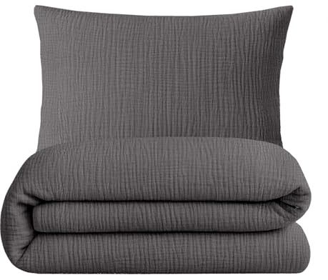 sleepling Musselin Bettwäsche, 135x200 cm + 40x80 cm, Anthrazit | Bettbezug + Kissenbezug, 100% Baumwolle, Extra weiche Sommerbettwäsche, Made in EU, OEKO-TEX, Waschbar bis 60 Grad
