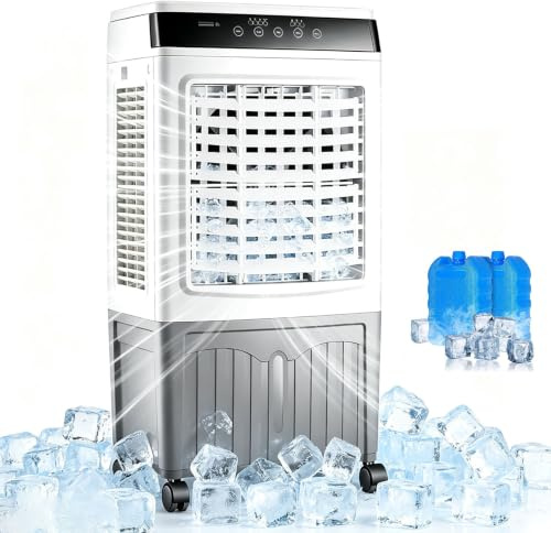 Raffrescatore Evaporativo Industriale con 4 Ruote Universali Serbatoio d'Acqua da 40 Litri Oscillazione a 120° 3 velocità Condizionatore d'Aria Portatile con Telecomando Ventilatore per da Casa
