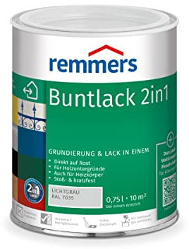 Remmers Buntlack 2in1 lichtgrau (RAL 7035), 0,75 Liter, Buntlack für Holz, Eisen, Stahl, inkl. Grundierung und Rostschutz, innen und außen