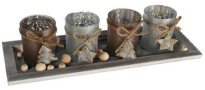 Weihnachts-Set mit Holzteller ca.40x14,5 cm 4 Glas Teelichter Tannenbaumdeko,Juteband & 1 Beutel Holzperlen in der Geschenkpackung von Conny Clever®