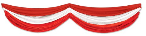 Beistle Red & White Fabric Bunting – Decoration with Drawstrings for Indoor Outdoor Use, Patriotic Porch Fence or Table Drape for Circus, Carnival, and Home Décor, 5' 10