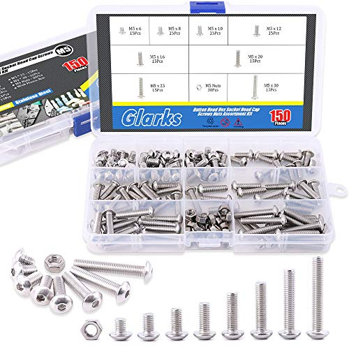 Glarks 150PCS M5 in acciaio INOX testa a brugola bulloni viti dadi assortimento kit