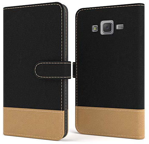 EAZY CASE Tasche kompatibel mit Samsung Galaxy J5 (2015) Stoff Schutzhülle mit Standfunktion Klapphülle Bookstyle, Handytasche Handyhülle mit Magnetverschluss und Kartenfach, Kunstleder, Schwarz