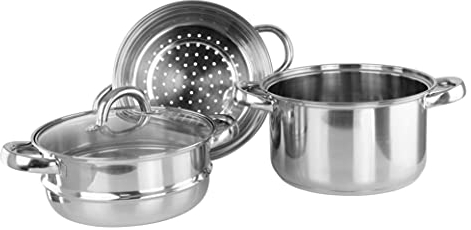 SQ Professional Lustro Stainless Steel 3-Tiered Steamer Pans with Glass Vented Lid Cookware Pot & Pan Steamer Cooker Pot Set - 2L+2L+3L Induction Hob Steaming Pot