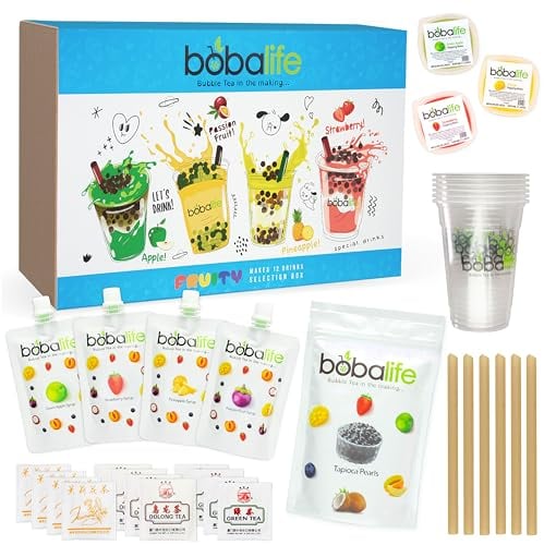 Bobalife Fruity Bubble Tea Kit with Popping Boba & Tapioca Pearls - Make 12 Delicious Fruit Tea Drinks At Home - Green Apple, Strawberry, Passion Fruit Flavors - Fun DIY Boba Tea Set