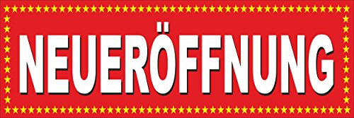 Neueröffnung – 300x100cm - stabile 520g PVC Werbe-plane – in 3 Größen (150x50cm, 250x70cm, 300x100cm) verfügbar – P00002-011-3000x1000-RV