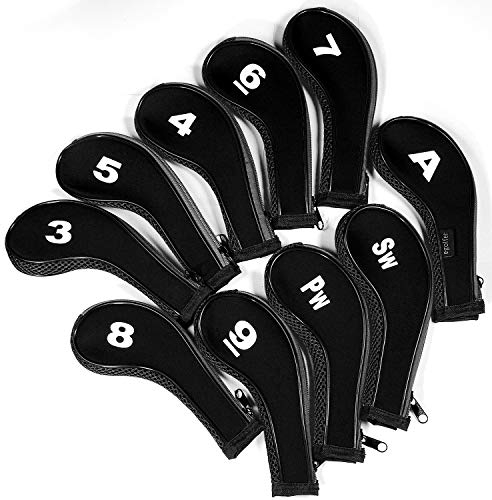 10pcs/Set Neoprene Zippered Long Neck Number Print Golf Iron Covers (Black)