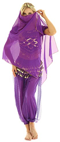MSemis Damen Bauchtanz Kostüm Set Pailletten Tanzkleidung Indische Tanz Performance-Kleidung Halloween Karneval Tanzende Professionel Kostüm Lila Einheitsgröße