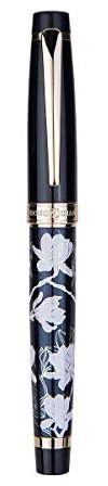 HONGDIAN 1837 Series Fountain Pen, Blue Colour Golden Trim White Flower Barrel, Extra Fine Nib Ink Pen with Small Pen Bag