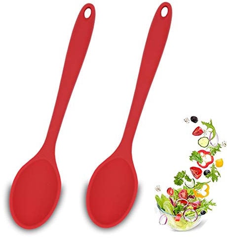 Meajore Kochlöffel Silikon,2 Stück Antihaft Kochlöffel,Servierlöffel Kunststoff, Hygienisches Design,Kochlöffel Kunststoff,Kochutensilien, RüHrlöFfel für KüChe, Kochen, Backen, RüHren (Rot)