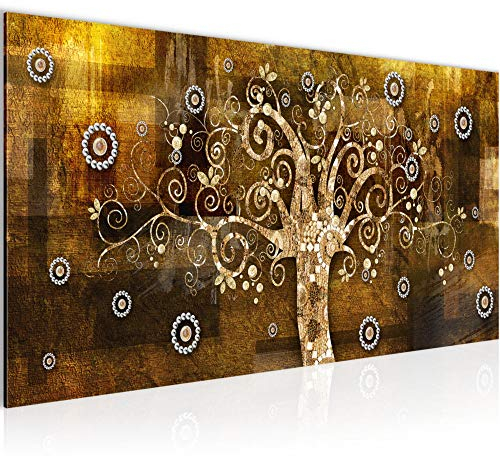 Runa Art Wandbild Gustav Klimt Baum des Lebens 1 Teilig 100 x 40 cm Modern Bild auf Vlies Leinwand Lebensbaum Wohnzimmer Schlafzimmer Beige Braun 028612a