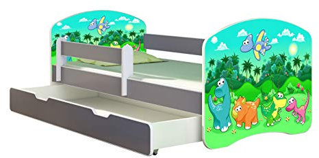 ACMA Kinderbett Jugendbett mit Einer Schublade und Matratze Grau mit Rausfallschutz Lattenrost II (30 Dino, 160x80 + Bettkasten)