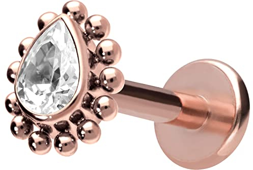PIERCINGLINE Titan Labret mit Gewinde Kristalltropfen Piercing Lippe Nase Ohr Helix Roségoldfarben 1,2 x 6 mm