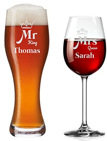 polar-effekt Weizenbierglas und Weinglas im 2er-Set - mit individueller Gravur - Jahrestag, Geburtstag - Geschenk für Paare - Wein + Bierglas mit Wunschname - Motiv Mr. King und Mrs. Queen