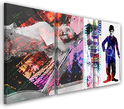 Feeby 3-teilig Vlies Leinwandbild 60x30 cm Charlie Chaplin Porträt Abstrakt Wand Bild Kunstdruck Deko Wohnzimmer Wohnungs Deko Schauspieler Komödiant Pop-Kultur Violett