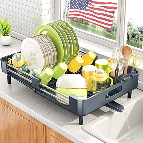 SNTD Escurridor de Platos, escurridor de Platos para encimera de Cocina, Drenaje automático expandible (13.2 a 19.7 Pulgadas), coladores Grandes de Acero Inoxidable sobre el Fregadero, escurridor con