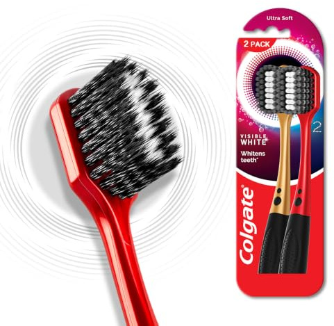 Colgate Sichtbare weiße O2 Handzahnbürste für Erwachsene, 2 Stück, hilft Mundgeruch, Hohlräume, Zahnschmelz und Zahnfleischprobleme zu verhindern.