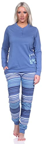 Normann Eleganter Damen Pyjama mit Bündchen und gestreifter Hose + Herzmotiv - auch in Übergrössen, Farbe:blau-Melange, Größe:36/38