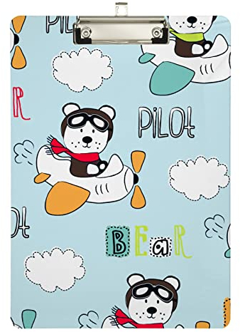 Porte-bloc mignon en forme d'ours pilote, porte-bloc à profil bas pour étudiants en infirmière, format lettre A4, 31,8 x 22,9 cm, pince argentée