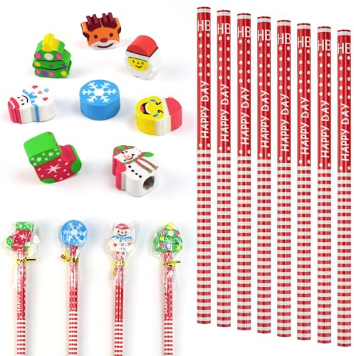 Kleemeiero 60 Stück Schule HB Stifte Set Weihnachten Bleistifte mit Radiergummis Bleistifte Kinder Mitgebsel mit Radiergummi Weihnachtsfeier Gefälligkeiten für Kinder Weihnachten Geschenk