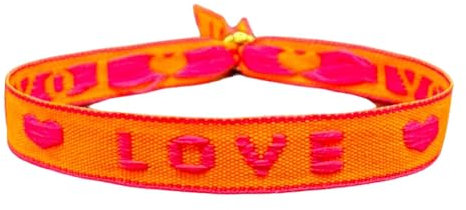 happymaker - Neon Armband im Boho Style, Stoffarmband in Neon Orange mit Statement - Love - mit vergoldeter Perle, wasserfest und handmade, Festival Outfit, Freundschaftsarmband