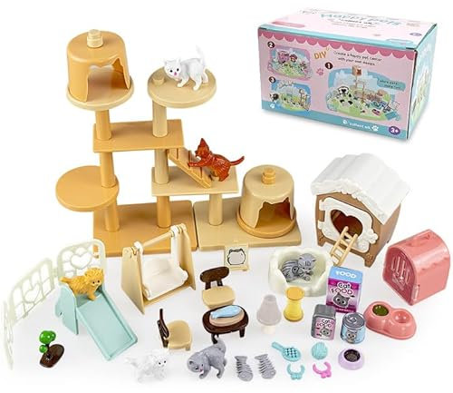 Grantop MMLY-s97 Katzenfiguren-Spielset, Spielzeug mit Futterplatte, Rutschspielzeug, Katzenhaus-Möbel, Puppenzubehör, Lernspielzeug, Geschenk, Kinder, Jungen, Mädchen, 3, 4, 5, 6 Jahre, 53 Stück